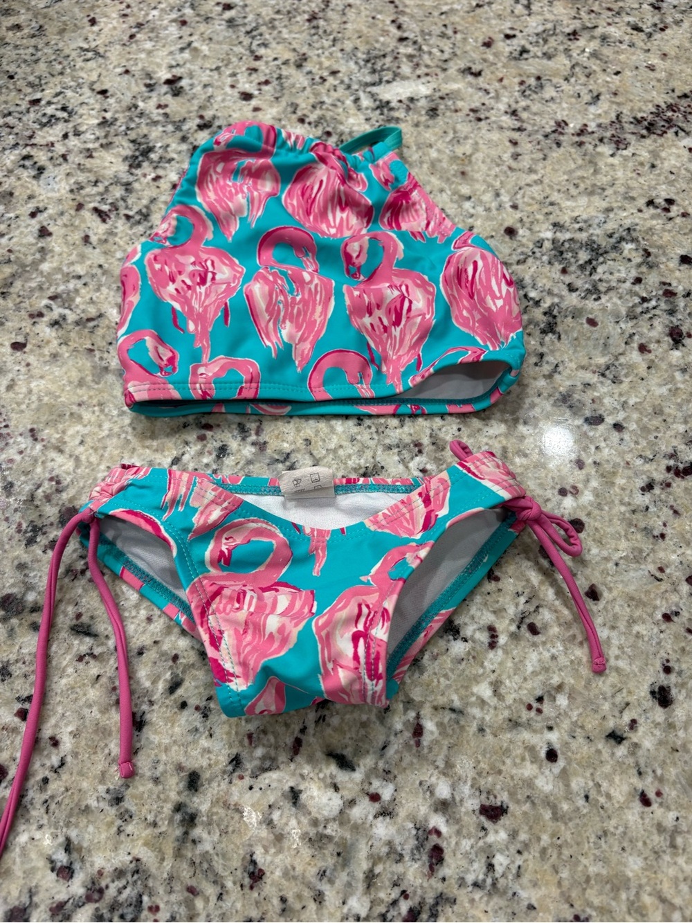 Kami blue with flamingo print two piece bikini girls 2T GUC back straps discolor